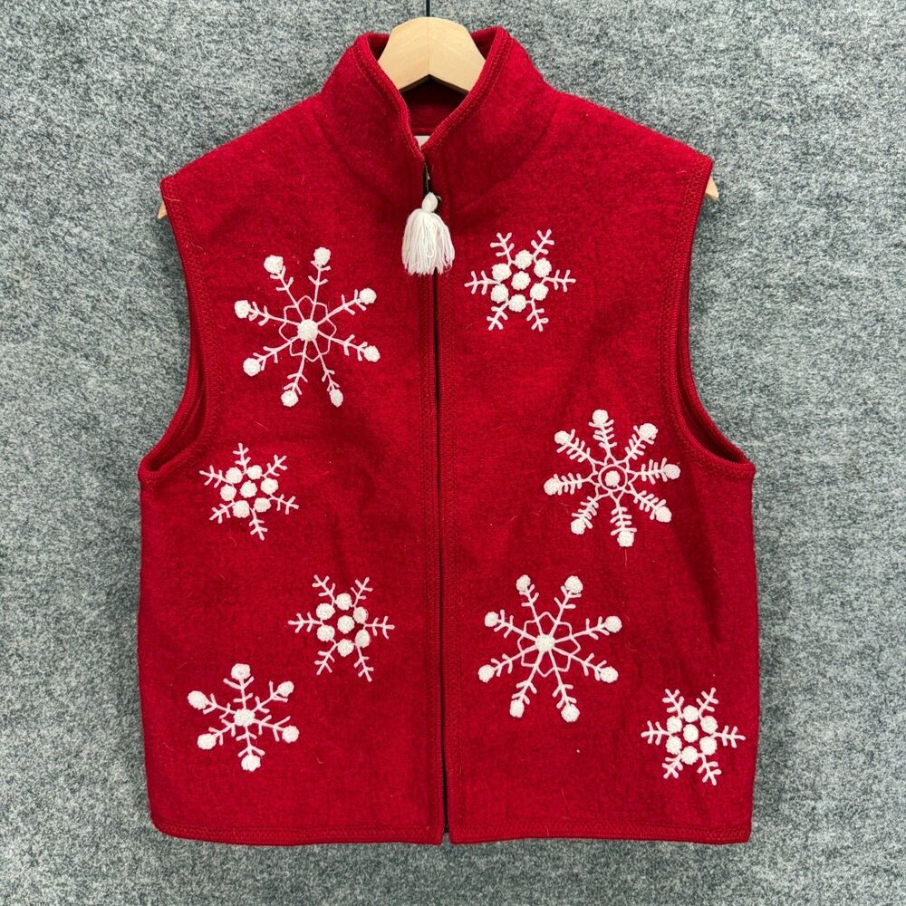 Laura Leigh Vest Women L Large Red Snowflake Print Full Zip Wool Sleeveless
